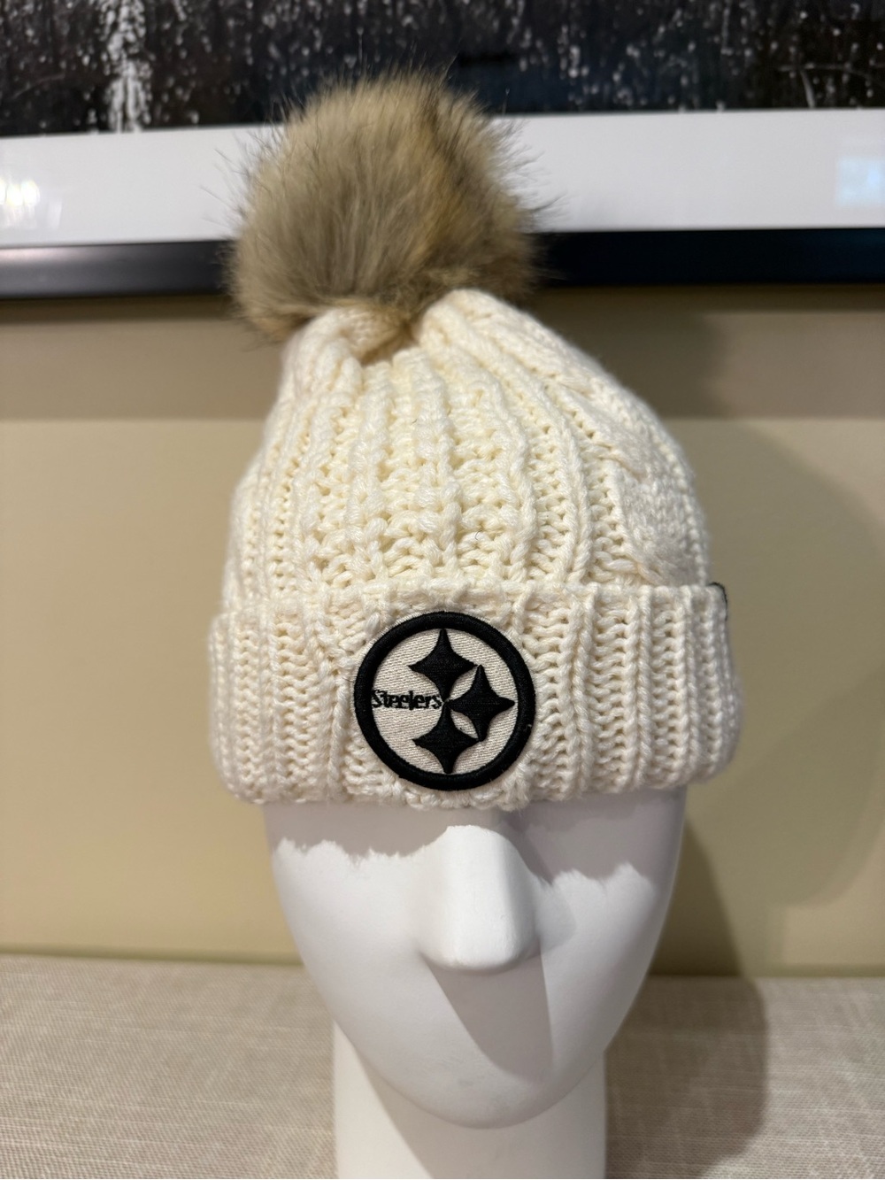⁠'47 NFL Pittsburgh Steelers Cream Cable Knit Pom Beanie Hat⁠